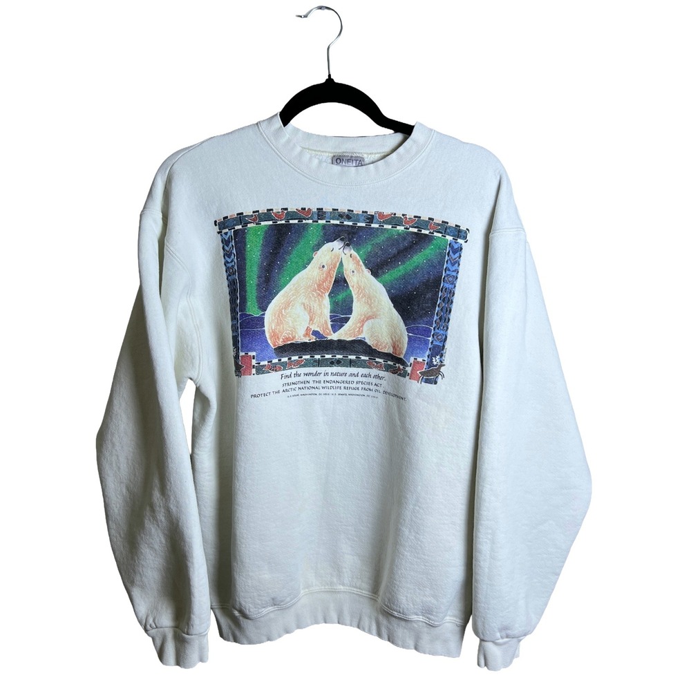 Vintage 90s Oneita Polar Bear Arctic Wildlife Refuge Sweatshirt White Large USA